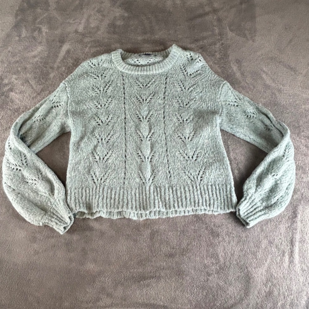 American Eagle Sage Green Pointelle Knit Cropped Sweater Wool Blend Medium
